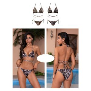 Bikini à haut de type triangle motif sauvage en léopard avec liens à nouer