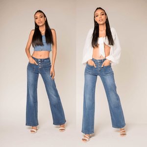 Jean taille haute flare avec 4 boutons et poches plaquées