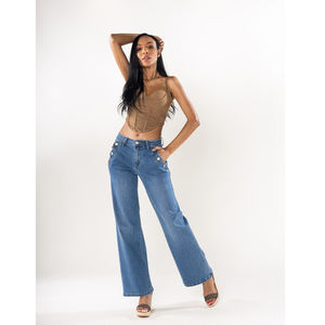 Pantalon jean flare détail poches en pétales et boutons en coton