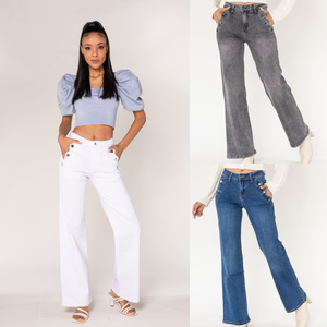 Pantalon jean flare détail poches en pétales et boutons