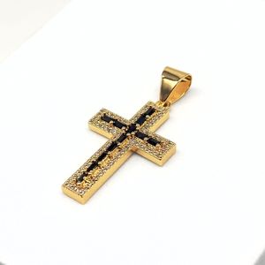 Pendentif plaqué or croix aux pierres noires et strass brillants