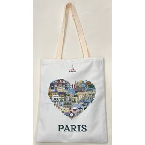 Tote bag en coton blanc avec un cœur illustré aux icônes de Paris