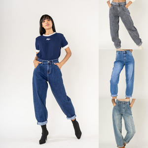 Jean baggy à jambes larges en denim coton délavé stretch