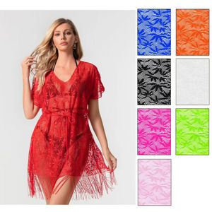 Tunique de plage en dentelle fleurie transparente à franges