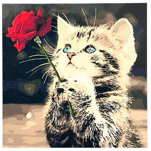 Kits de peinture par numéros 40x30 cm Petit chaton tenant une rose dans ses pattes