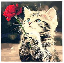 Kits de peinture par numéros 40x30 cm Petit chaton tenant une rose dans ses pattes