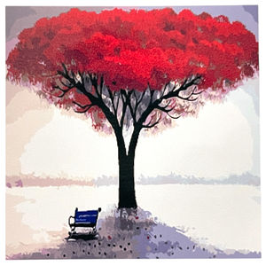Kits de peinture par numéros 40x30 cm Arbre rouge solitaire et banc