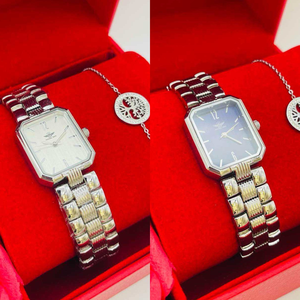 Coffret rouge : montre femme au design carrée + bracelet en argenté