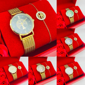 Coffret rouge : montre ronde dorée à motif arbre de vie + bracelet en acier