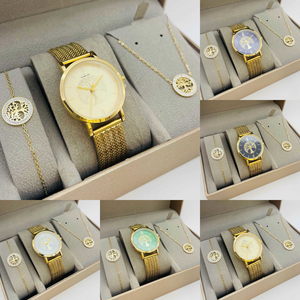 Coffret taupe : montre ronde dorée à motif arbre de vie + bijoux en acier