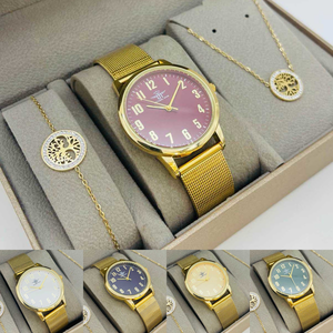 Coffret taupe : montre cerclée à lanière dorée + bijoux en acier