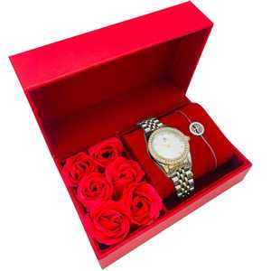 Coffret rouge : montre arrondie sertis de strass en métal argenté et doré + bracelet en acier