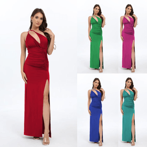 Robe de cérémonie longue asymétrique avec fronces et fente