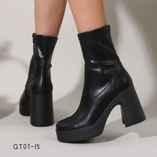 Bottine zippée à talon haut bloc évasé taille 36-41