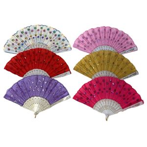 Éventail à main lumineux en tissu orné de paillettes avec manche robuste en plastique