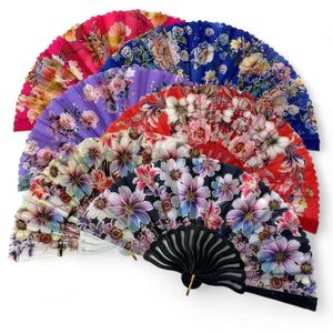 Éventail à main motif floral multicolores recouvre le tissu avec manche en plastique