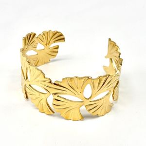 Bracelet manchette doré acier inoxydable en feuilles finkgo