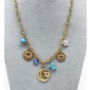 Collier doré à breloques en acier inoxydable motifs célestes et floraux