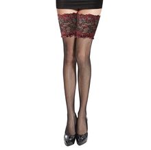 Bas résille fantaisie à large bande ornée de dentelle rouge et noire