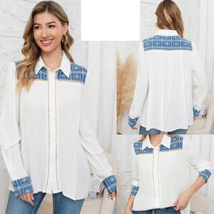 Chemisier blanc sublimé avec empiècements brodés bleus