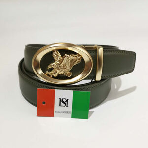 Ceinture automatique en cuir de vachette kaki à boucle ovale dorée aigle