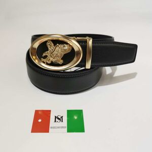 Ceinture automatique en cuir de vachette noir à boucle ovale dorée aigle