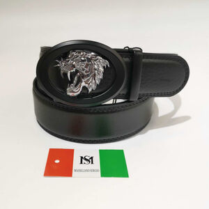 Ceinture automatique en cuir de vachette à boucle ovale noir tête de tigre argenté