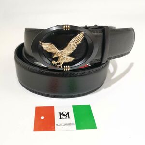 Ceinture automatique en cuir de vachette à boucle ovale noir aigle doré