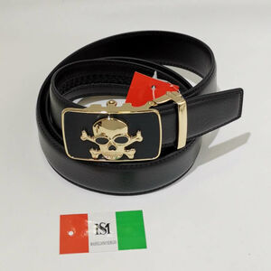 Ceinture automatique en cuir de vachette à boucle tête de mort dorée