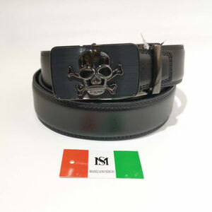 Ceinture automatique en cuir de vachette à boucle noire en tête de mort