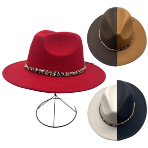 Chapeau fedora uni avec fines bandes de garniture à motif léopard