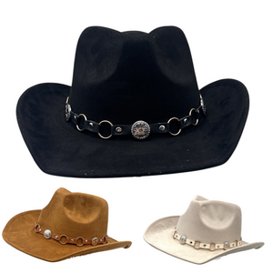 Chapeau de style fedora-cowboy avec bandeau en simili et conchos