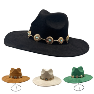 Chapeau fedora avec des disques métalliques ronds à pierre turquoise