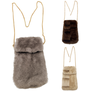 Petite pochette pour téléphone en fausse fourrure à bandoulière chaîne