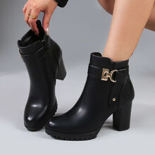 Bottines zippées à talon carré haut ornées de touches dorées taille 36-41