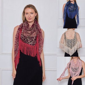 Grand foulard triangle bicolore motif en dentelle à longues franges - 3 pièces
