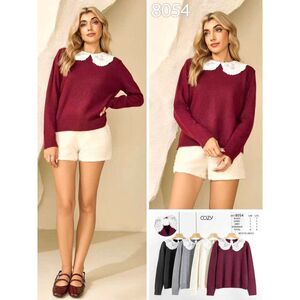 Pull en maille avec un grand col en dentelle blanche