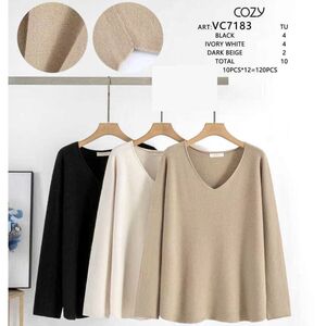 Pull en maille col V longue-vue "Cozy" coloris unie