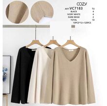 Pull en maille col V longue-vue "Cozy" coloris unie