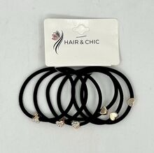 Carte de 6 pièces élastiques à cheveux teinte noir avec  une petite cœur sertis de strass