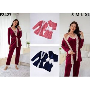 Ensemble 3 pcs en velours à bordure dentelle : Kimono + Débardeur + Pantalon