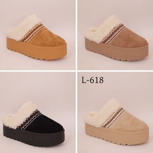 Pantoufles sur plateforme fourrées en suédé à bande brodée ethniques taille 36-41