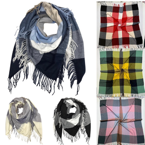 Grand foulard doux et chaud à motif de carreaux rehaussé de franges - 12 pièces
