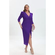 Robe de soirée grande taille à fente et manches 3/4 avec épaules froncées