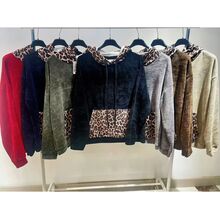 Sweat en velours à motifs léopard sur la capuche et la poche kangourou