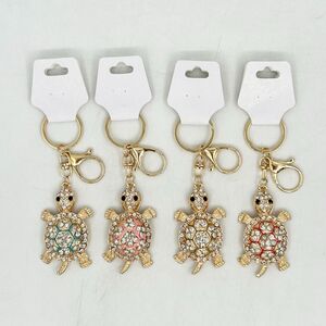 Porte-clés tortue marine scintillante ornée de cristaux en métal doré