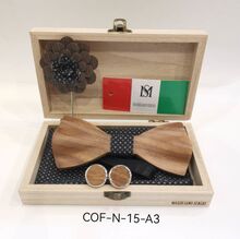 Coffret noeud papillon bois, pochette, broche et boutons de manchette noir