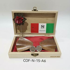 Coffret noeud papillon bois, pochette, broche et boutons de manchette rouge