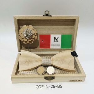 Coffret bois Massiliano Sergio crème : nœud papillon et accessoires pour homme