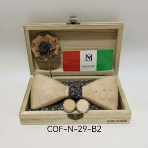 Coffret Massiliano Sergio marron : nœud papillon bois, broche, pochette et boutons